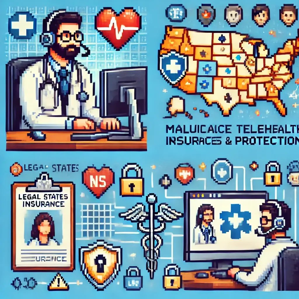 Pixel art doctor with headset at desk, video calling a patient in another state, shield and legal document icons beside. Malpractice Insurance