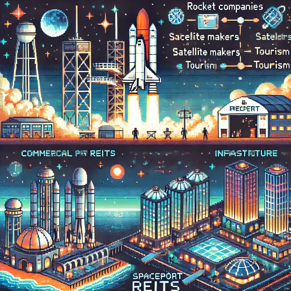 Pixel art rocket launch pad with hangars and infrastructure, symbolizing Spaceport REITs, commercial space travel investing, and aerospace real estate.