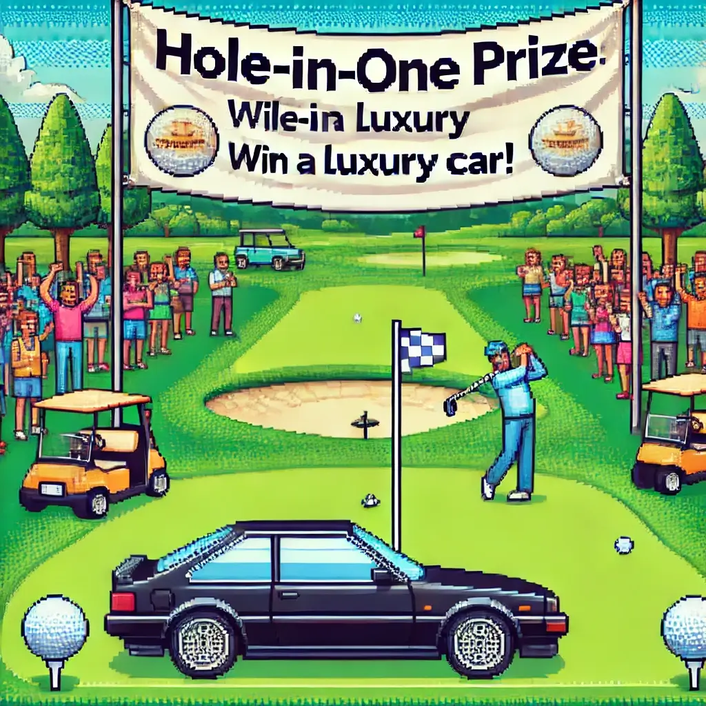 Hit a Hole-in-One: Turn Your Charity Golf Event into an Unforgettable Fundraiser with 1 Amazing Prize! 2 Pixel art of a charity golf tournament with a banner reading "Hole-in-One Prize: Win a Luxury Car!" and players cheering near a displayed car.
