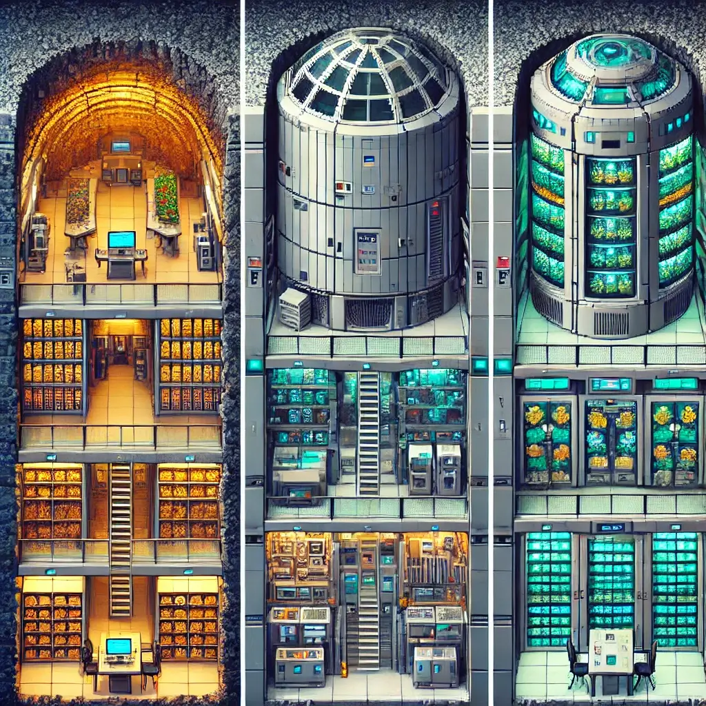 Pixel art of a deep underground storage facility with rock walls, climate-controlled rooms, and secure vaults storing art and wine.
