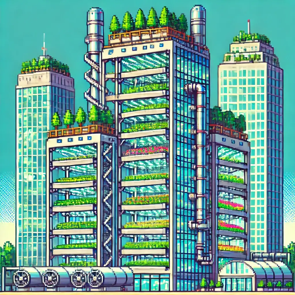Pixel art of a futuristic vertical farming real estate tower with stacked green crops, rooftop farms, HVAC pipes, and glowing LED lights, symbolizing REIT models and cold chain logistics.
