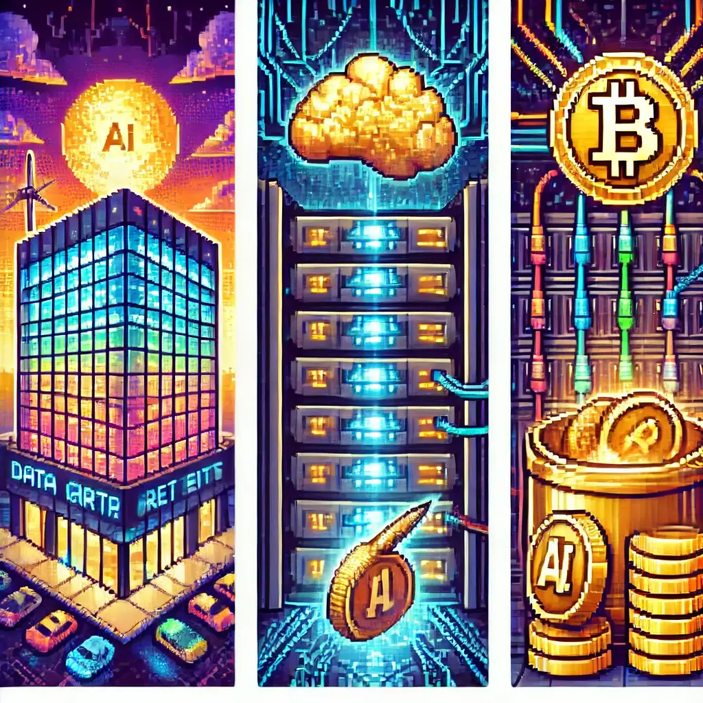 Data Center REITs Pixel art of AI server racks glowing with cables and cooling fans, symbolizing power-hungry AI demand and Data Center REIT operations.