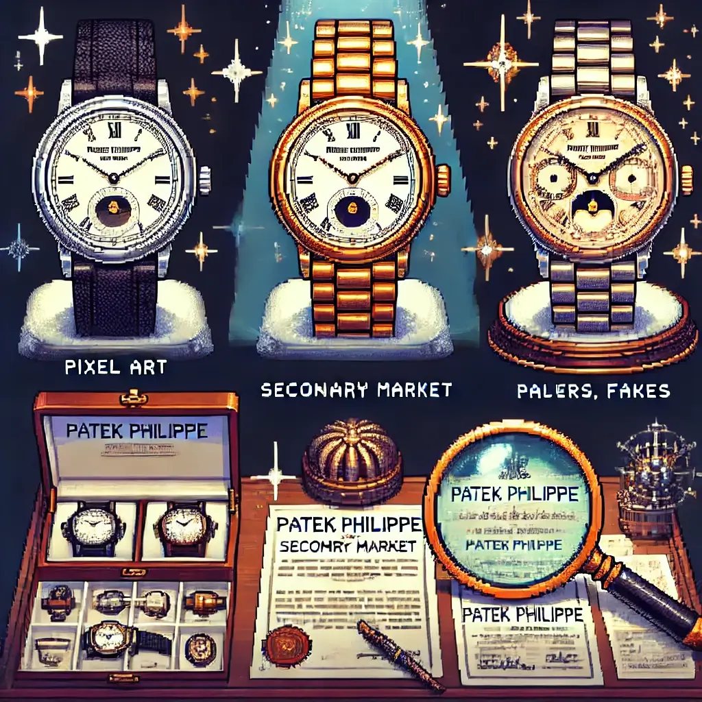 Pixel art of a Patek Philippe luxury watch glowing on a velvet stand, symbolizing prestige in the secondary market.