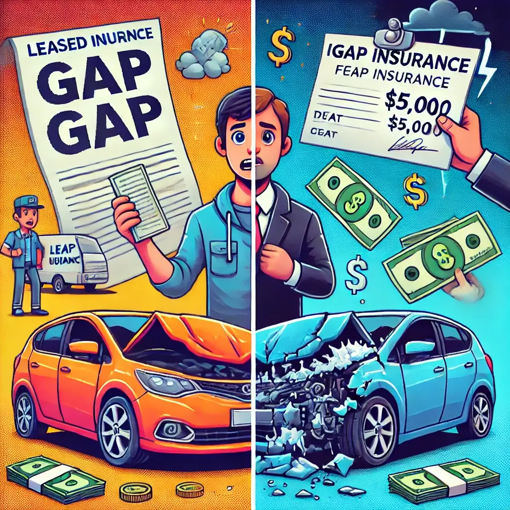 Pixel art split image of a shiny leased car and a crashed car with a "$5,000 GAP" bill.