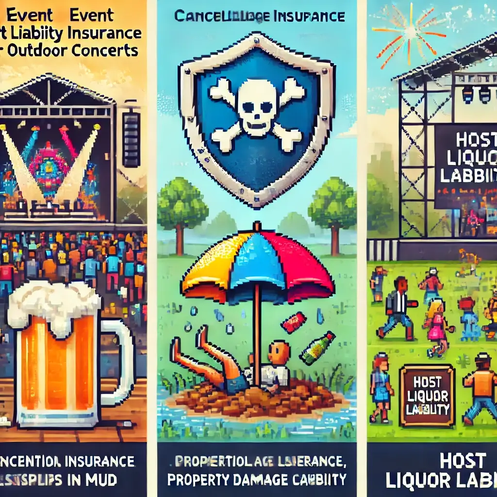 Pixel art of an outdoor concert with a large insurance shield protecting the stage and audience, symbolizing event liability insurance for outdoor concerts.