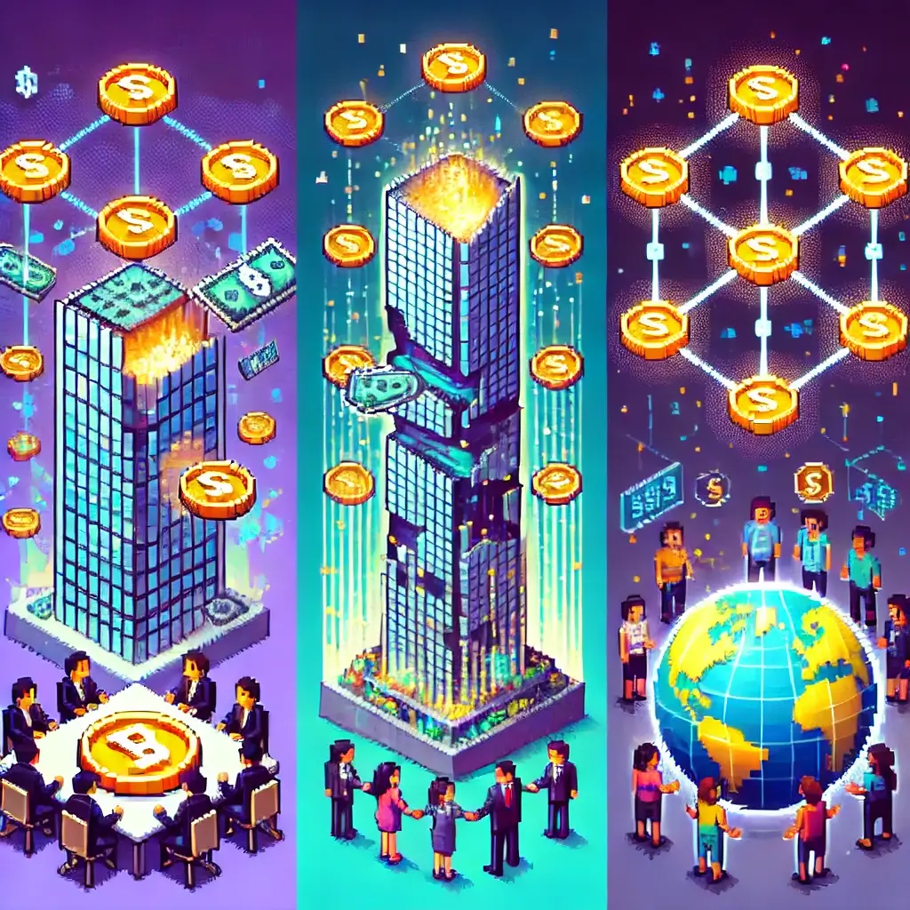Pixel art of a skyscraper breaking into glowing dollar-sign tokens, small investors catching them.