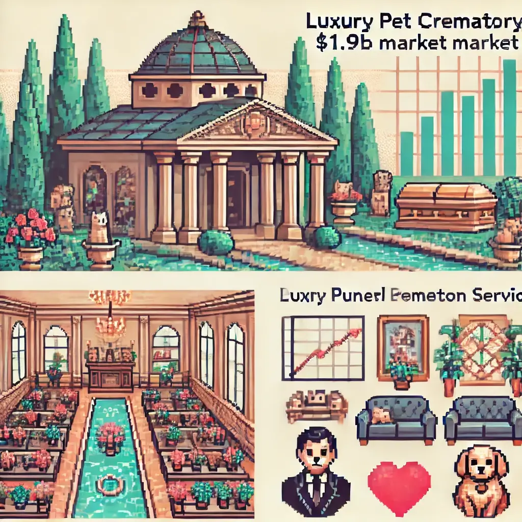1.9 Billion Reasons Why Luxury Pet Crematory & Mausoleum Real Estate Is Exploding聽馃く 2 Pixel art of a luxury pet mausoleum with gardens, water features, and sacred atmosphere representing pet afterlife services and memorial real estate.