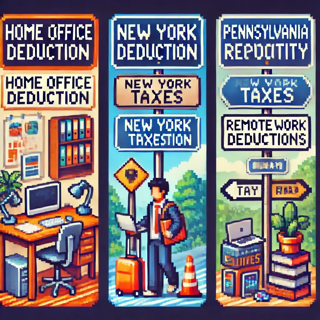 Pixel art of a remote worker’s cozy home office with a laptop, desk, plant, and documents labeled "Home Office Deduction," symbolizing niche tax deductions for remote workers.