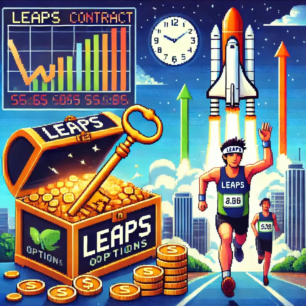 Pixel art of an investor unlocking a treasure chest labeled "LEAPS," overflowing with rising stock charts against a city skyline.
