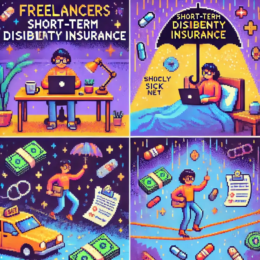 Pixel art of a freelancer sick in bed with unpaid bills piling up, symbolizing the financial risks of not having short-term disability insurance for freelancers.