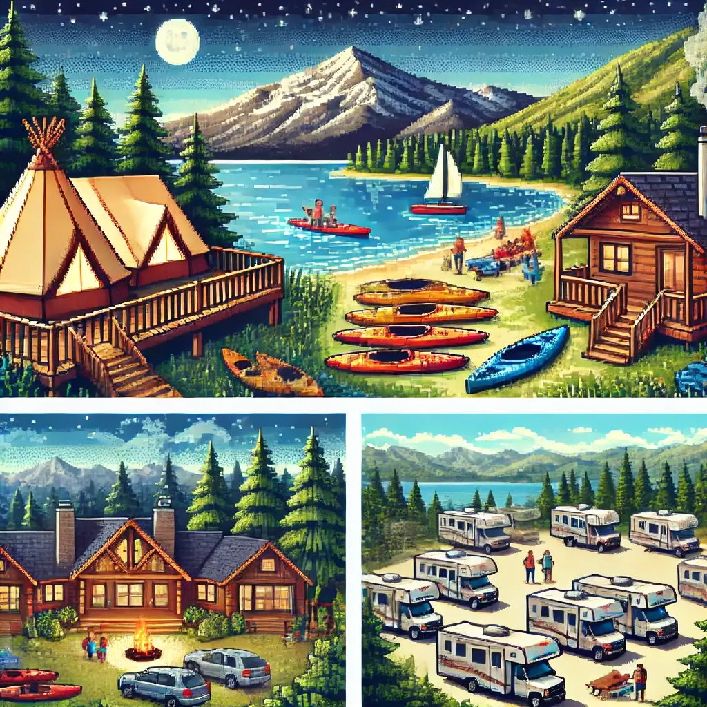 Unleash the Wild: 10 Campsite & Adventure Park Properties That Will Blow Your Mind! 2 Pixel art of a lakeside glamping campsite with tents, kayaks, and pine trees representing campsite & adventure park real estate investment.