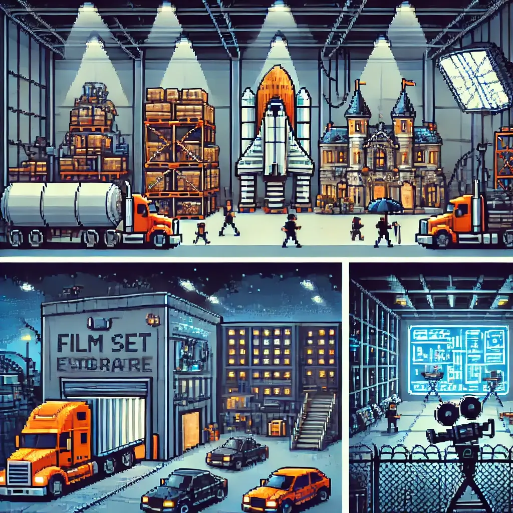 Pixel art of a film set and prop storage warehouse with high ceilings, props like a spaceship and medieval castle inside, and trucks unloading outside. Represents film set real estate investment.