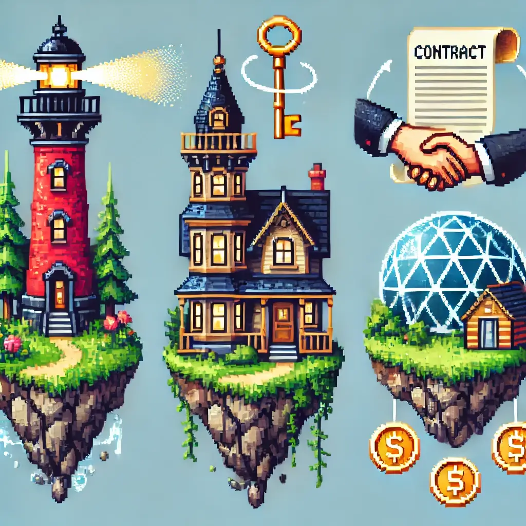 Pixel art of a lighthouse with a glowing beacon and key symbol, representing rent-to-own for unique coastal properties.