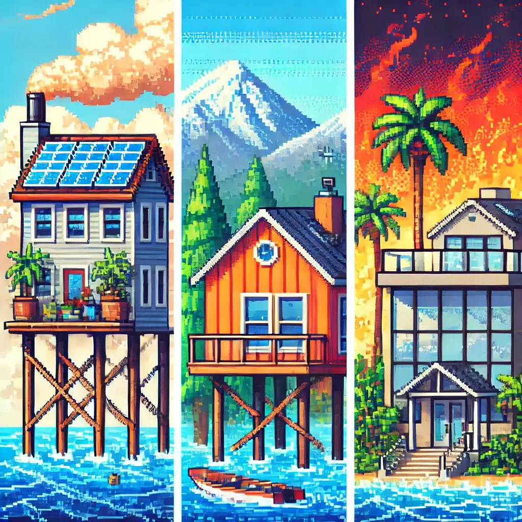 Pixel art of an elevated coastal house on stilts, flood-resistant walls, and dark storm clouds in the background, representing flood-proof real estate.