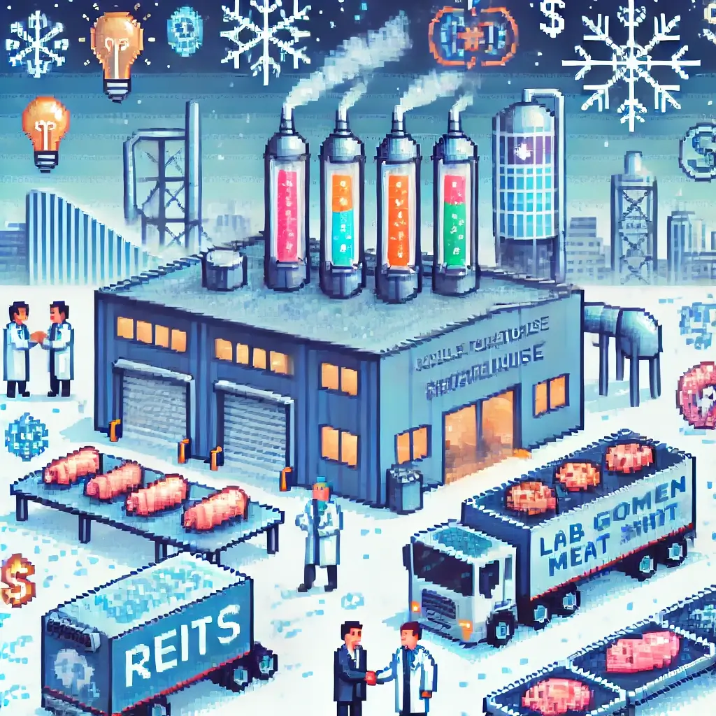 Pixel art of a cold storage REIT warehouse storing cultivated meat with bioreactors in the background, symbolizing food tech infrastructure.