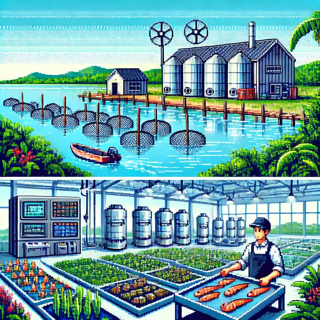 Pixel art of a coastal oyster farm with oyster nets, a dock, and crates under a blue sky. Aquaculture Farm