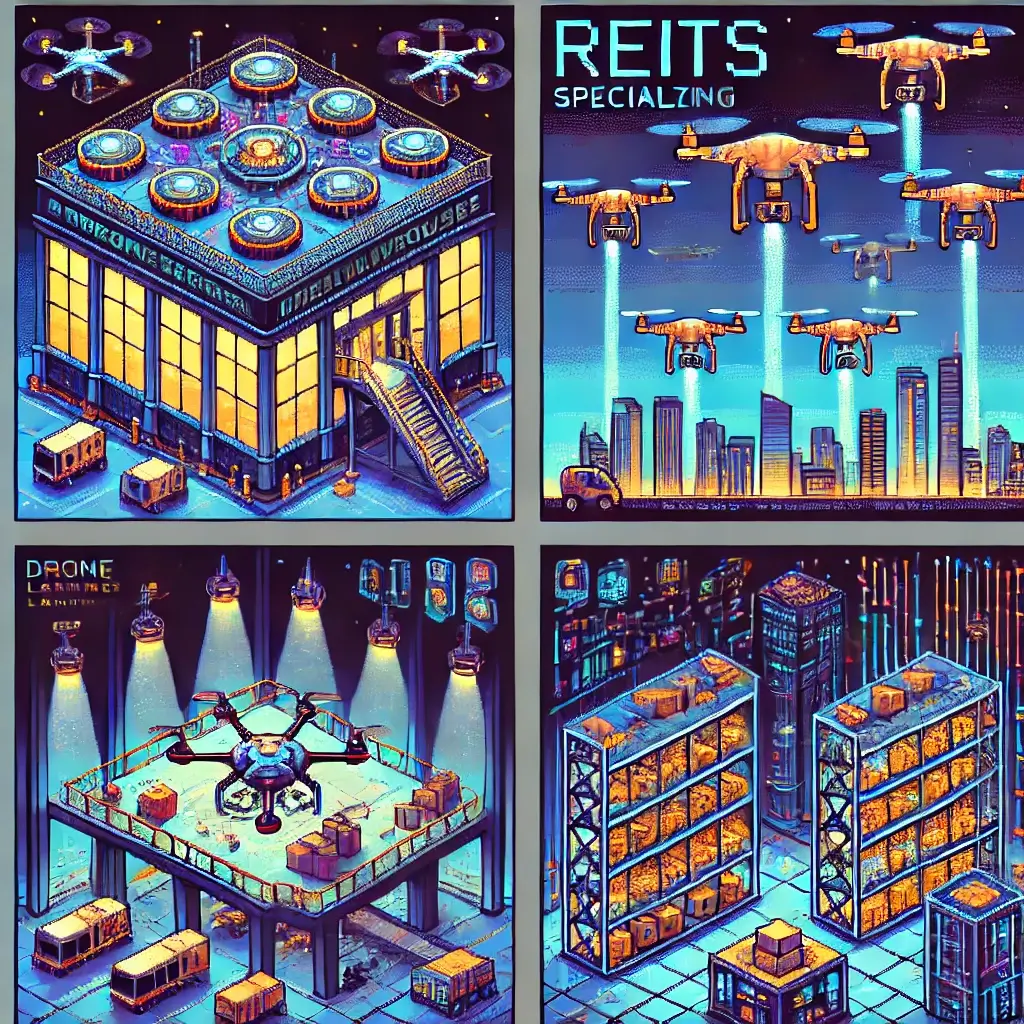 Pixel art rooftop of a drone delivery warehouse REIT with multiple drone pads, glowing lights, and drones taking off — futuristic last-mile logistics. REITs specializing in drone delivery warehouses
