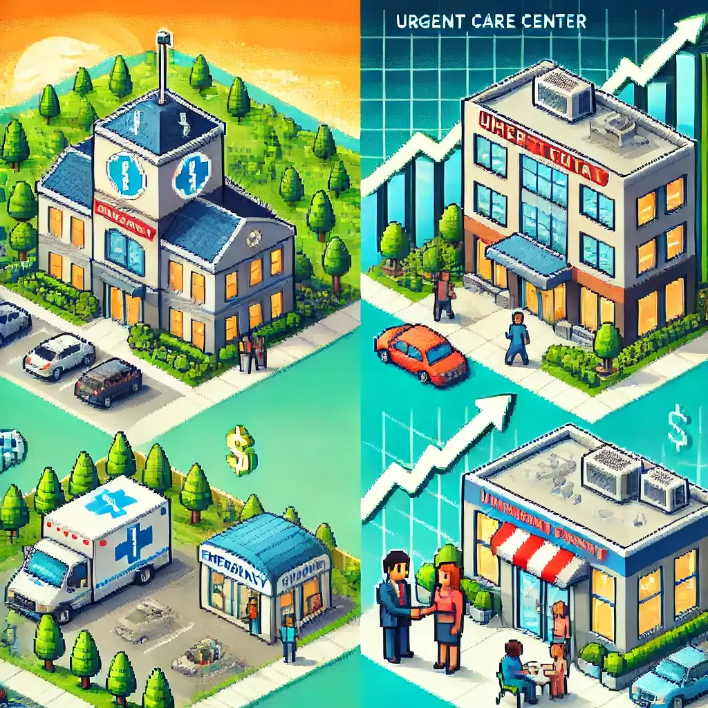 Pixel art of a small modern micro-hospital with an emergency sign, investors exchanging money in front, bright and clean design.