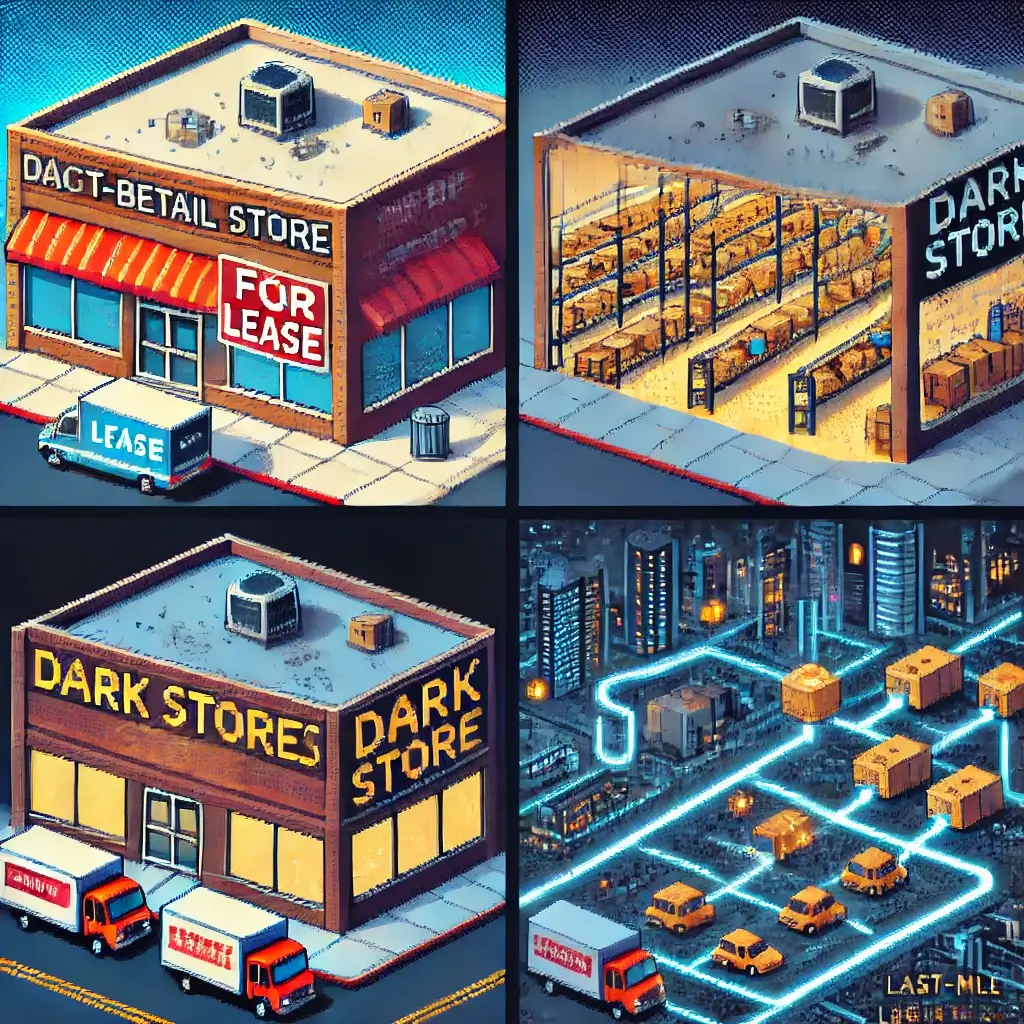 Pixel art of a vacant big-box retail store with a "for lease" sign transforming into a vibrant dark store with delivery vans. Dark Store Revolution