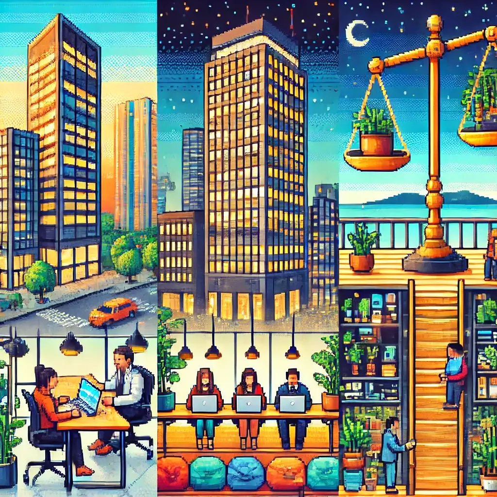 Pixel art city skyline showing modern skyscrapers brightly lit alongside dim older buildings, symbolizing Class A vs Class B office properties. Coworking Space REITs