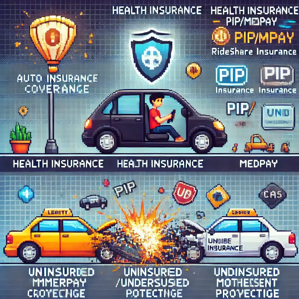 Pixel art of a rideshare passenger protected by auto insurance shield, symbolizing rideshare passenger liability coverage. auto insurance for ride-sharing passengers