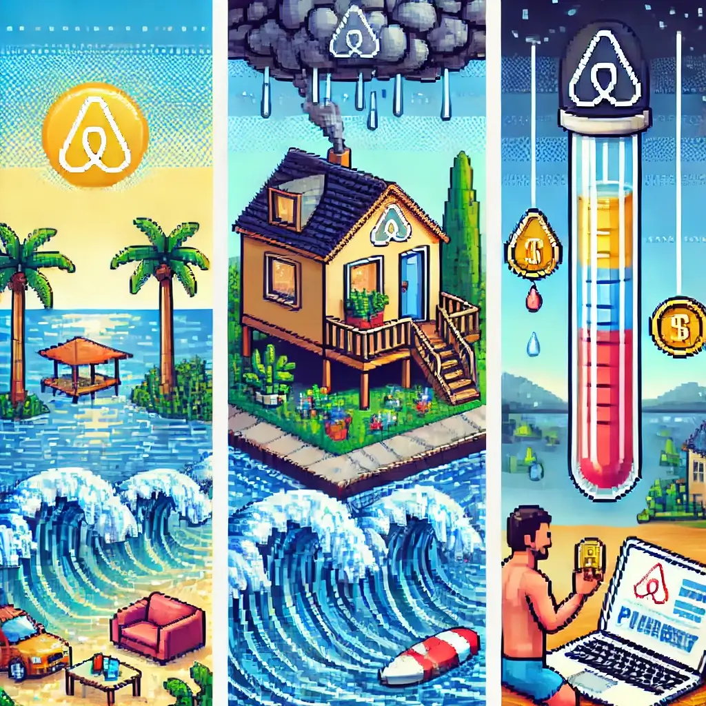 Parametric Flood Insurance Pixel art of a coastal Airbnb home surrounded by rising floodwaters and storm clouds, symbolizing flood insurance risks.
