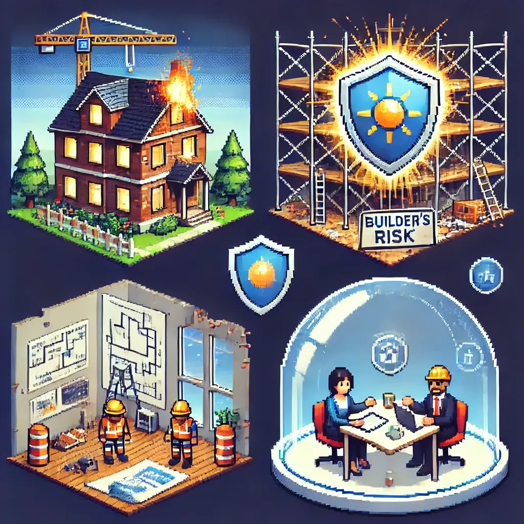 Pixel art of a partially renovated house with scaffolding and a glowing insurance shield above. Renovation