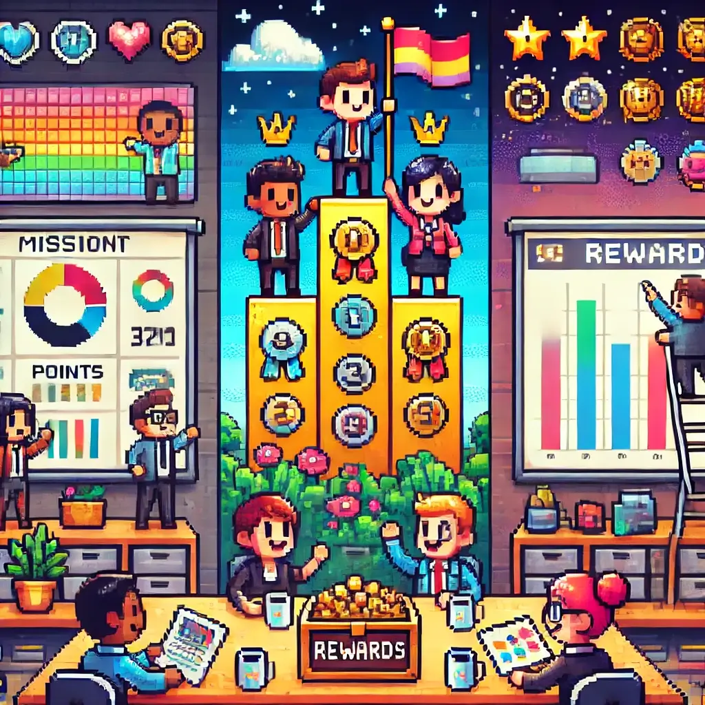 Pixel leaderboard with employee avatars climbing ranks, showing points, badges, and trophies for gamified employee advocacy.