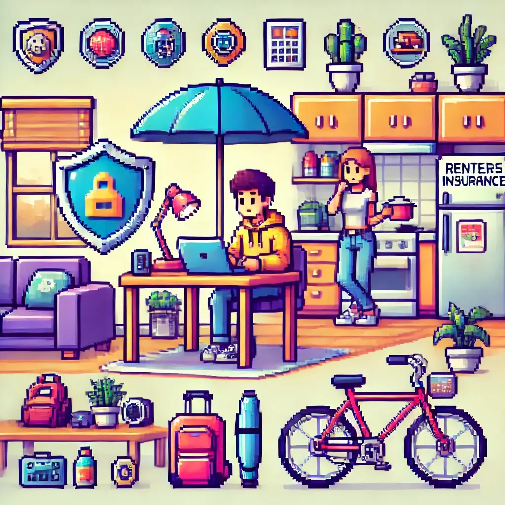 Pixel art of a college dorm room with a student at a desk, laptop, bike, and books, surrounded by renters insurance shield icons for college students.