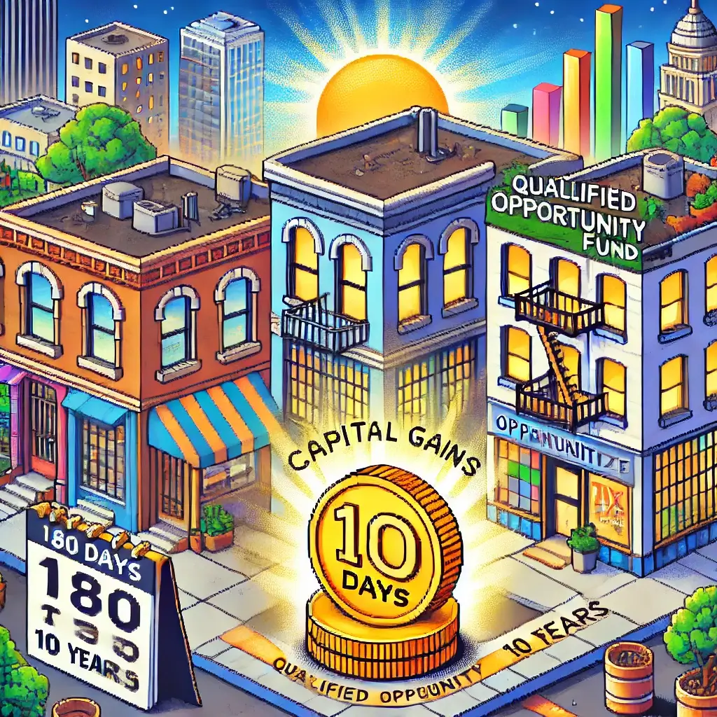 Pixel art of a rundown city block transforming into a vibrant neighborhood with new buildings, representing Opportunity Zone revitalization. tax
