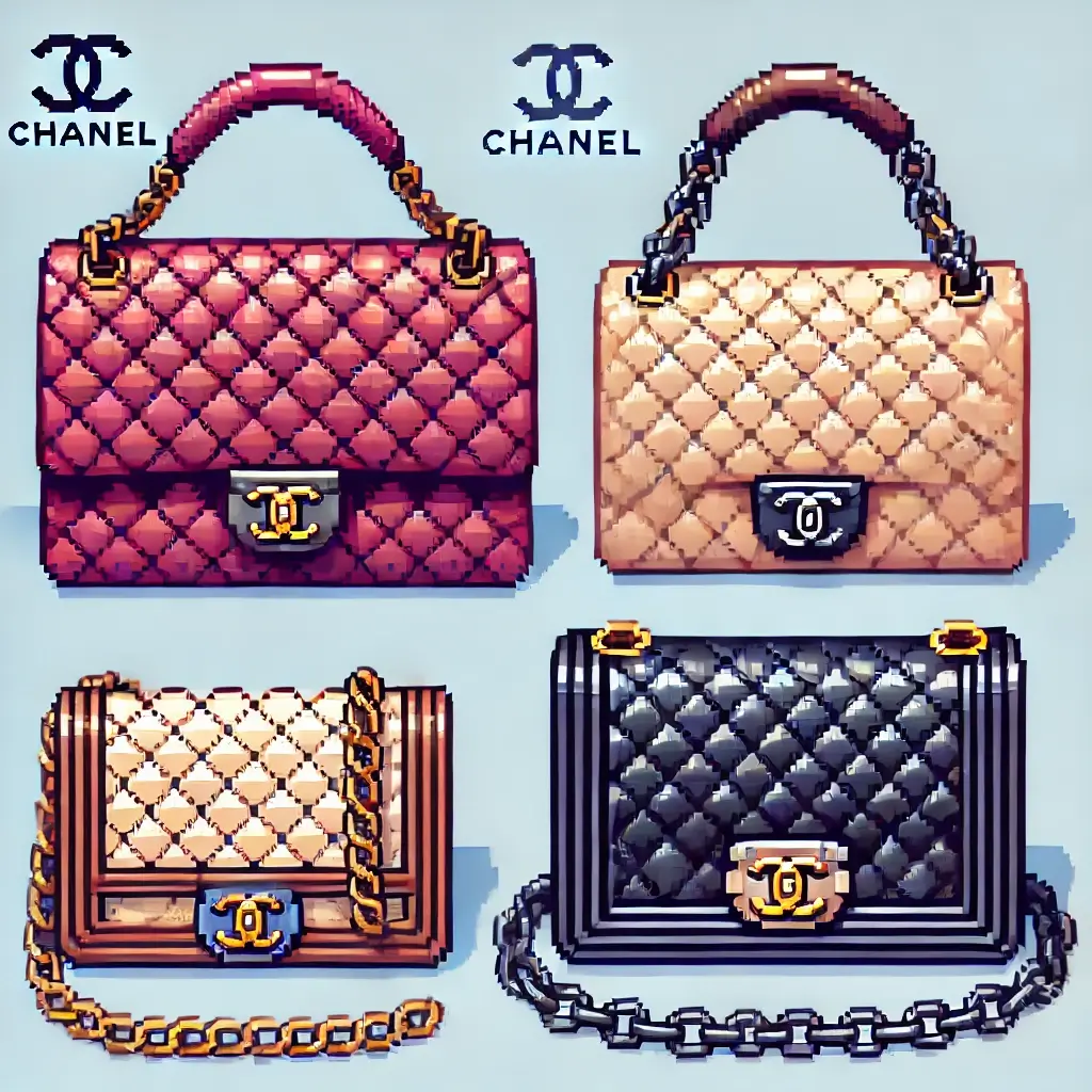 Pixel art of the Chanel 2.55 handbag with quilted leather, burgundy lining, and a gold chain strap, symbolizing women’s liberation in the 1920s.