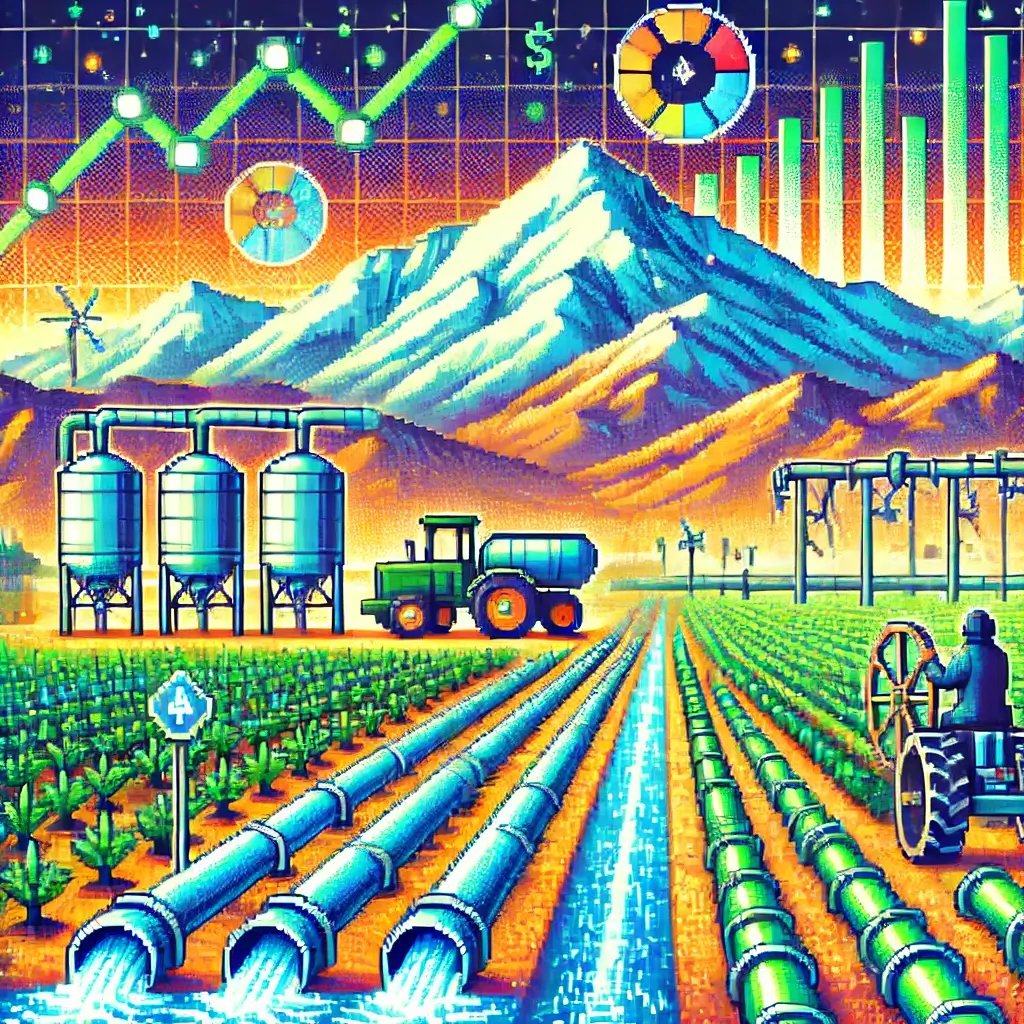 Pixel art of desert farmland with canals, reservoirs, and snowpack mountains symbolizing water rights REITs, drought investing, and climate risk.