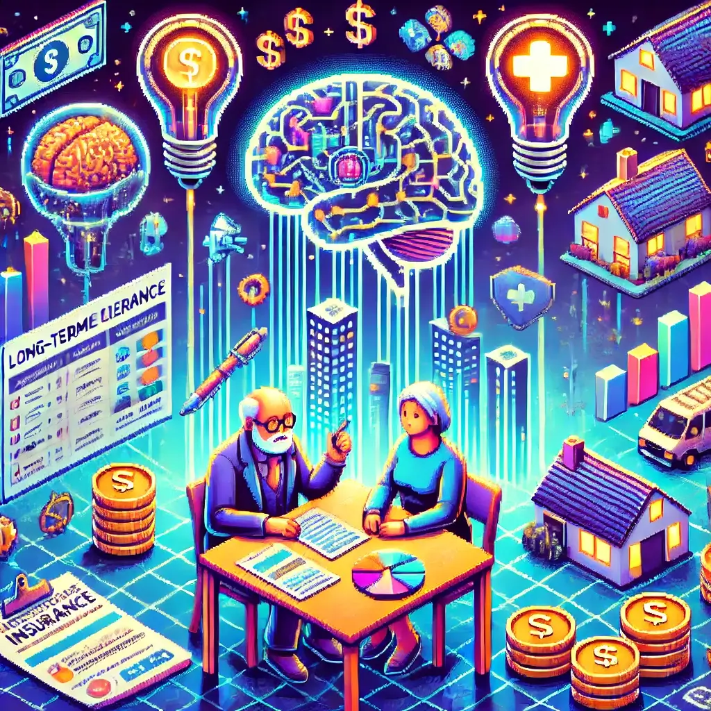 Pixel art of family reviewing charts and insurance papers with a glowing brain icon, symbolizing early onset dementia coverage and LTCI costs.