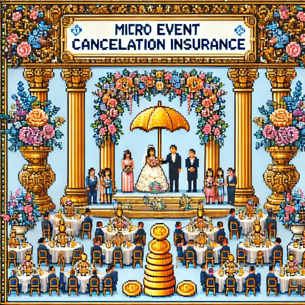 Pixel art of a micro-wedding with elegant venue, around 30 guests, golden coin deposits on tables, and umbrella symbol for event cancellation insurance protection.