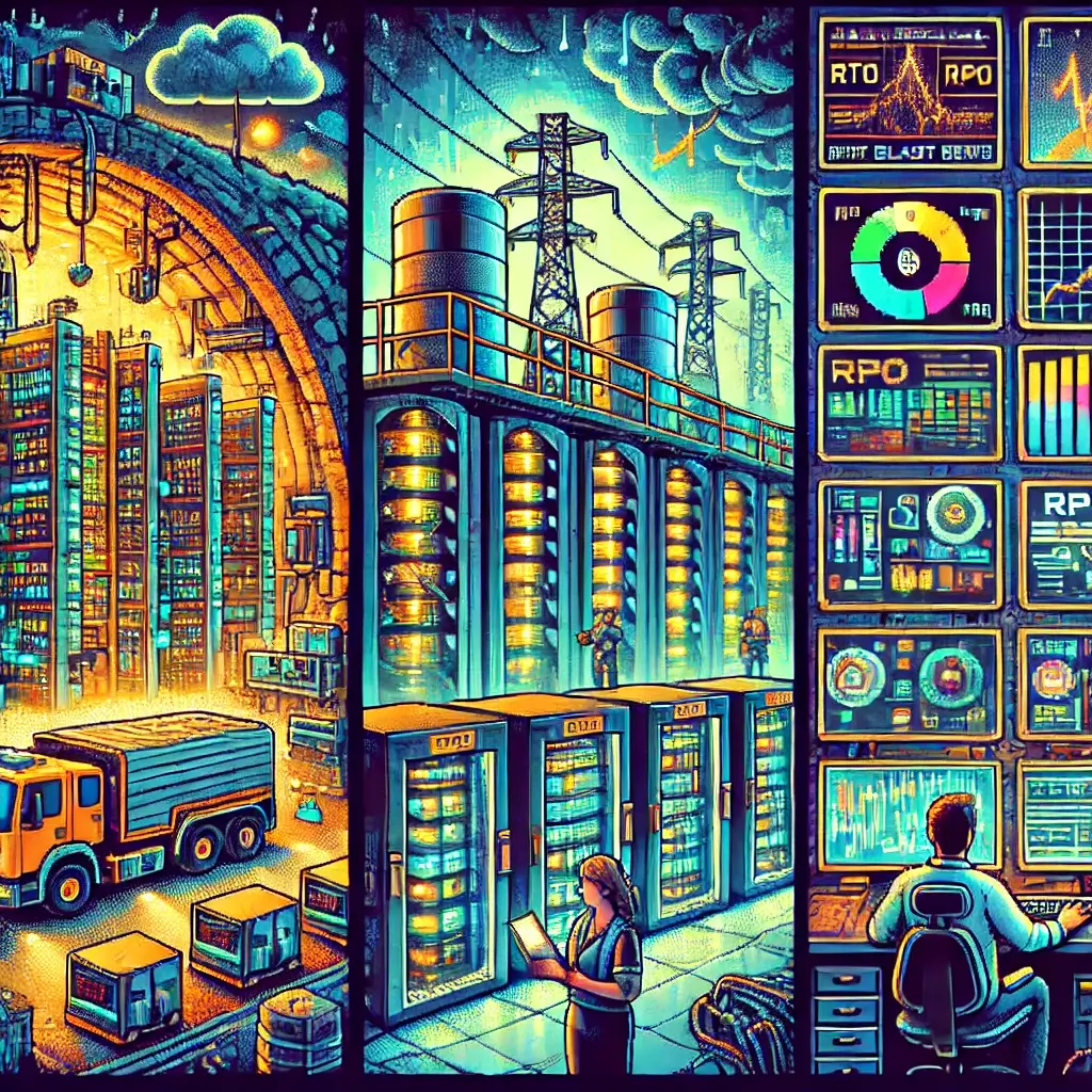 Pixel art of a futuristic underground data bunker REIT with glowing servers, blast doors, diesel power, and fiber lines, symbolizing uptime and disaster recovery.