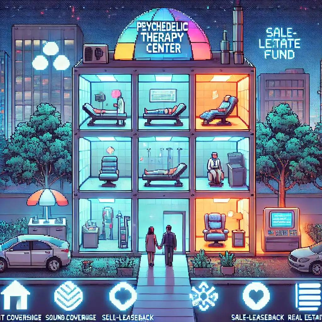 Pixel art of a futuristic clinic glowing with neon lights on a quiet side street, symbolizing psychedelic therapy center real estate funds.