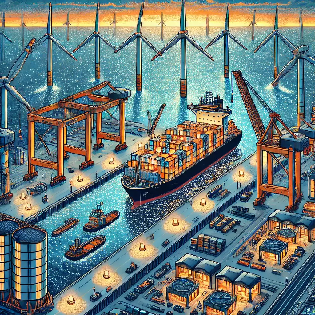 Pixel art of an offshore wind port REIT investment with marshalling yard, heavy-lift quay, warehouses, and CPI-linked ground lease contracts hovering above.