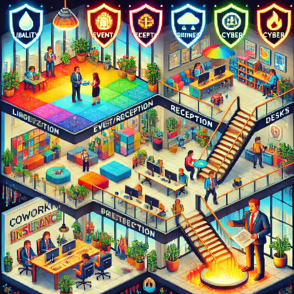 Pixel art of a coworking office divided into colorful insurance risk zones with glowing liability shields floating above, symbolizing commercial insurance for co-working spaces.