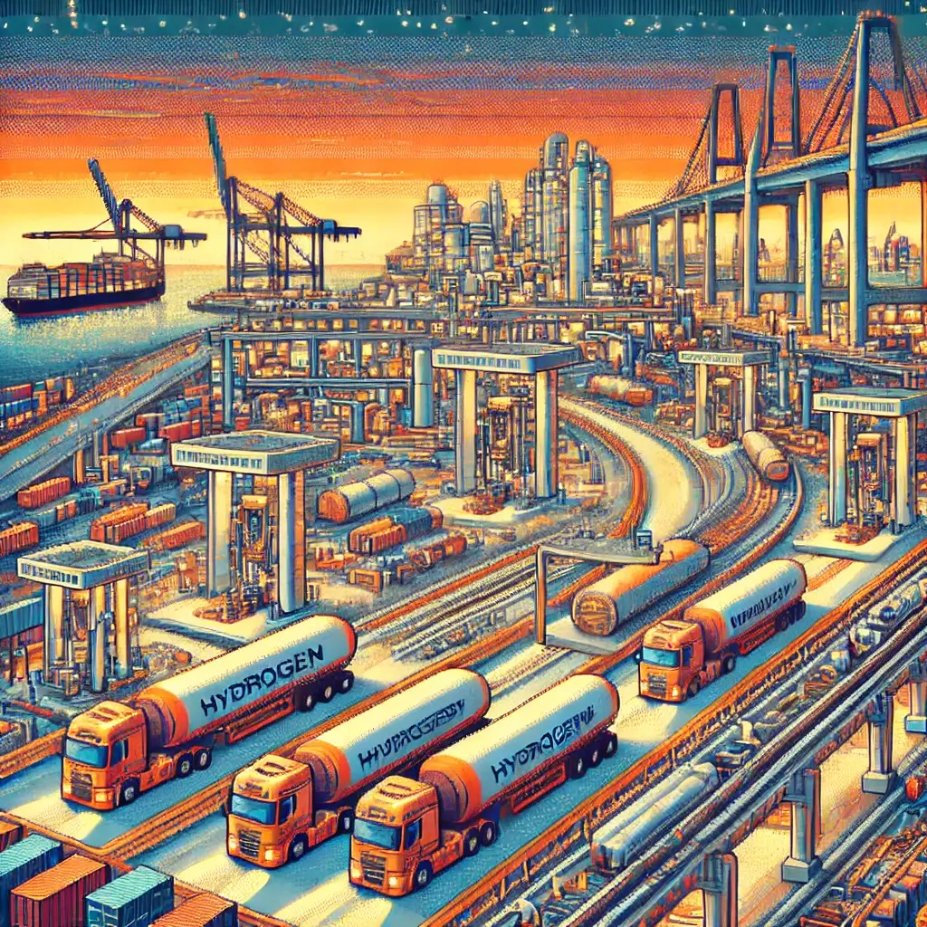 Pixel art of a hydrogen fuel REIT port logistics site with concrete pads, access roads, pipeline corridors, cranes, and hydrogen trucks loading fuel in a glowing port skyline.