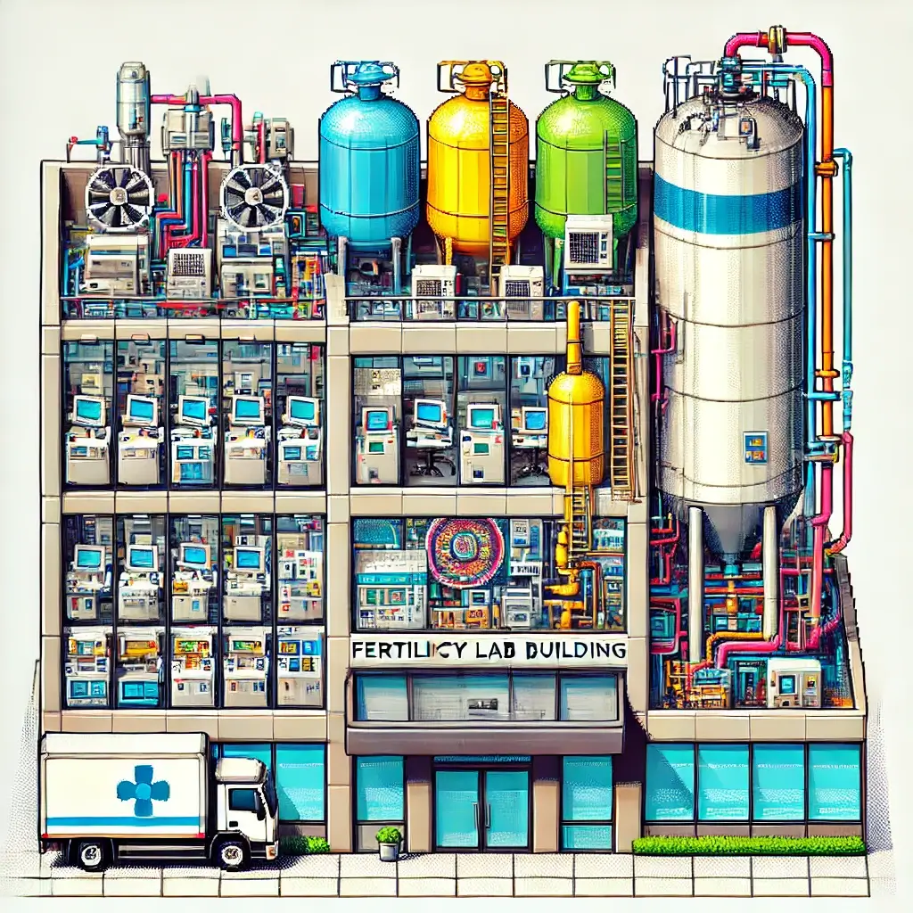 Pixel art of an IVF and Fertility Lab REITs facility with clinic front, cryogenic tanks, and HVAC systems, blending healthcare REITs and life science real estate themes.