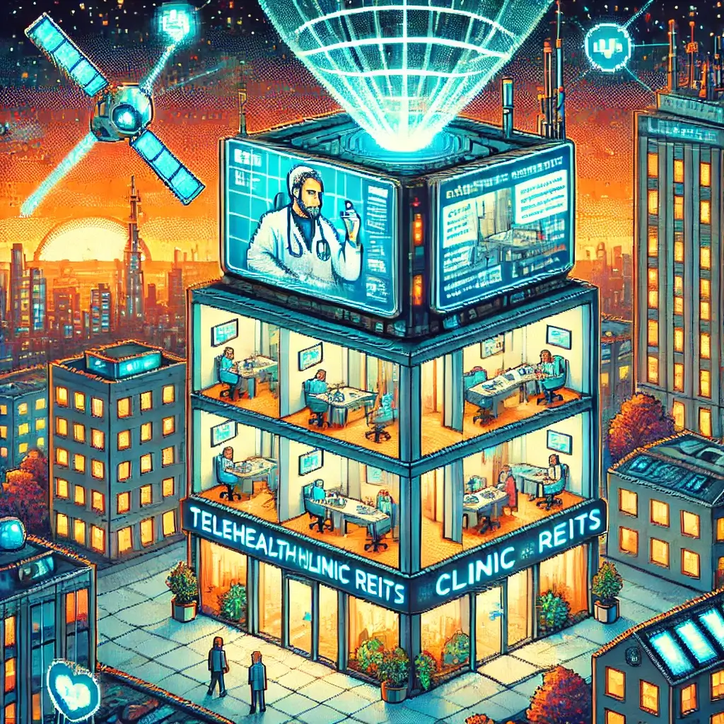 9 Punchy telehealth clinic REITs Plays That Save You Time (and Regret) 2 Pixel art of a futuristic outpatient medical building representing telehealth clinic REITs, with glowing hybrid-care consultation rooms, digital lease contracts, and city health satellites.