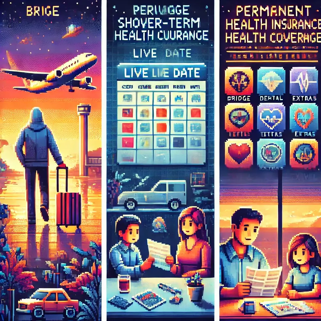 11 Smart health insurance for expats returning home Moves That Save You Money (and Headaches). Pixel art of an expat at an airport holding a suitcase with a glowing calendar showing “Coverage Live Date,” symbolizing health insurance for expats returning home.