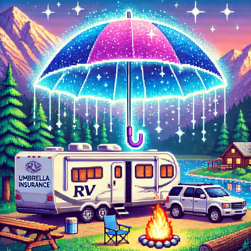 Pixel art of RV at campground under glowing umbrella symbolizing umbrella insurance for RV and RV liability coverage.