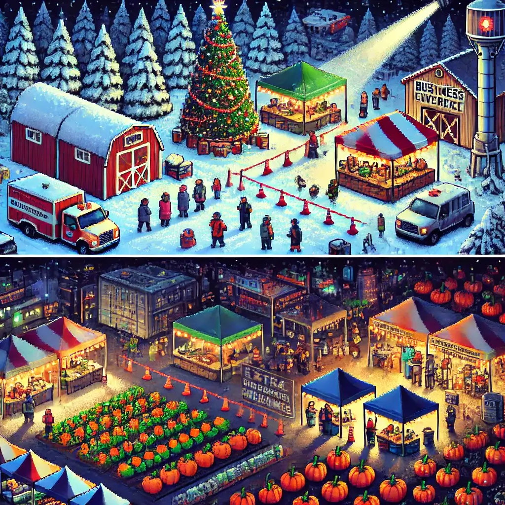 Pixel art of a Christmas tree farm using generators and tents during a storm, symbolizing business interruption insurance for seasonal businesses, protecting payroll and peak season risk with extra expense insurance.