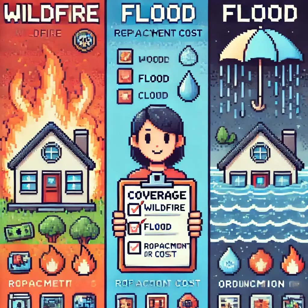 Pixel art house with wildfire flames and flood waters, protected by an insurance shield, symbolizing homeowners insurance for wildfire and flood.