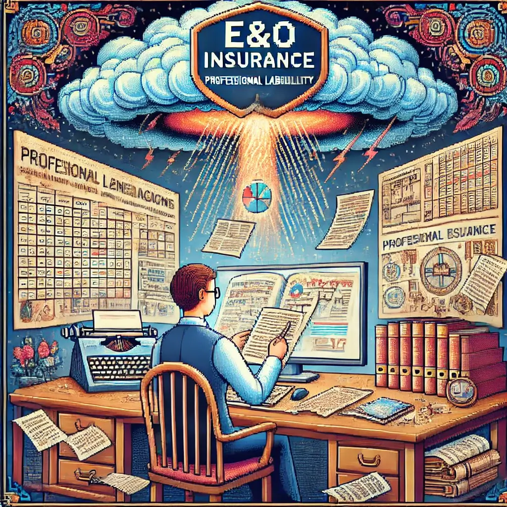 Pixel art of a genealogist with ancient family records and charts, protected by a glowing shield labeled “E&O Insurance” — symbolizing professional liability insurance for genealogists.
