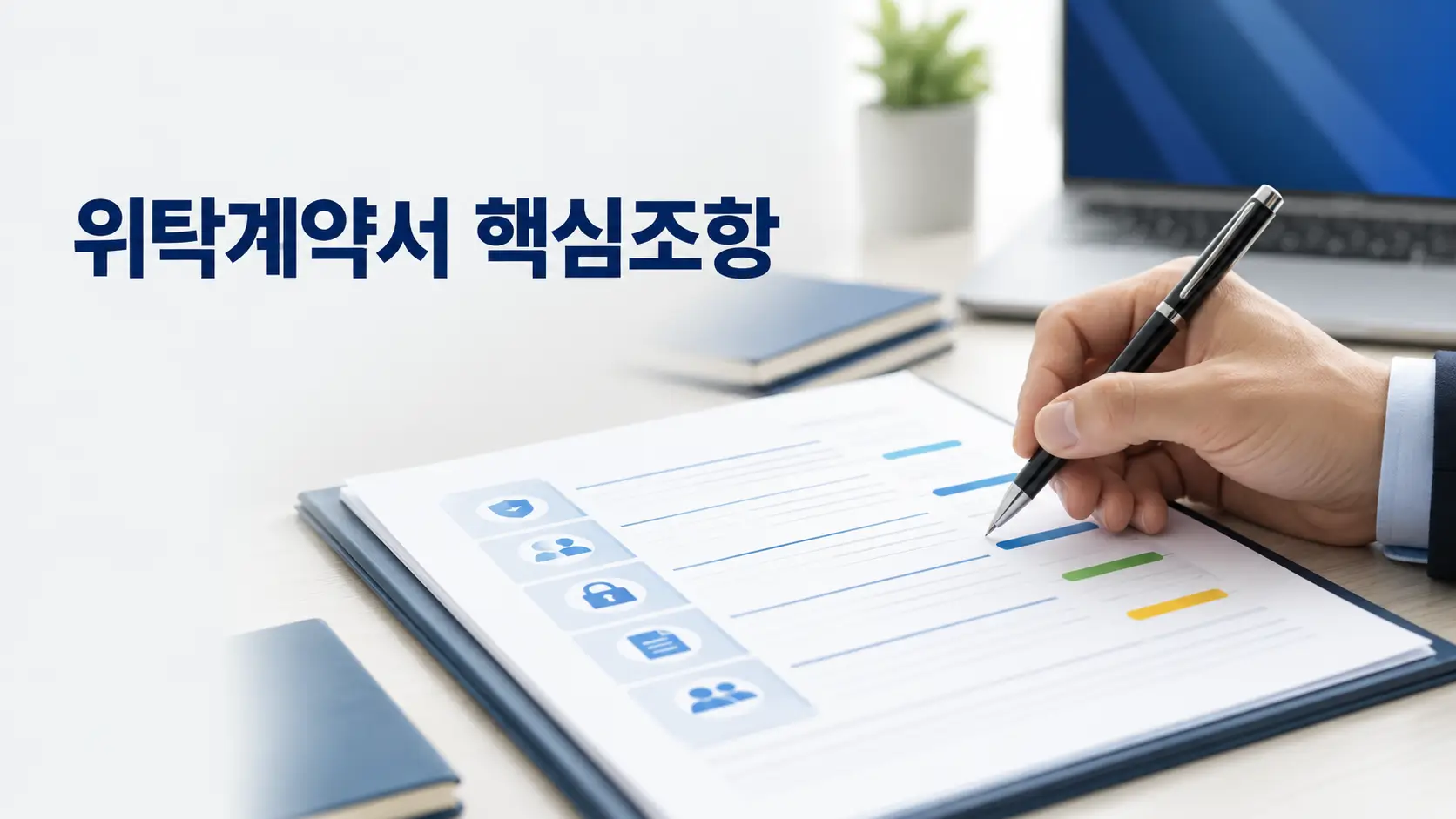 개인정보 위탁계약서의 핵심 조항을 펜으로 점검하는 실무자의 계약서 검토 장면.