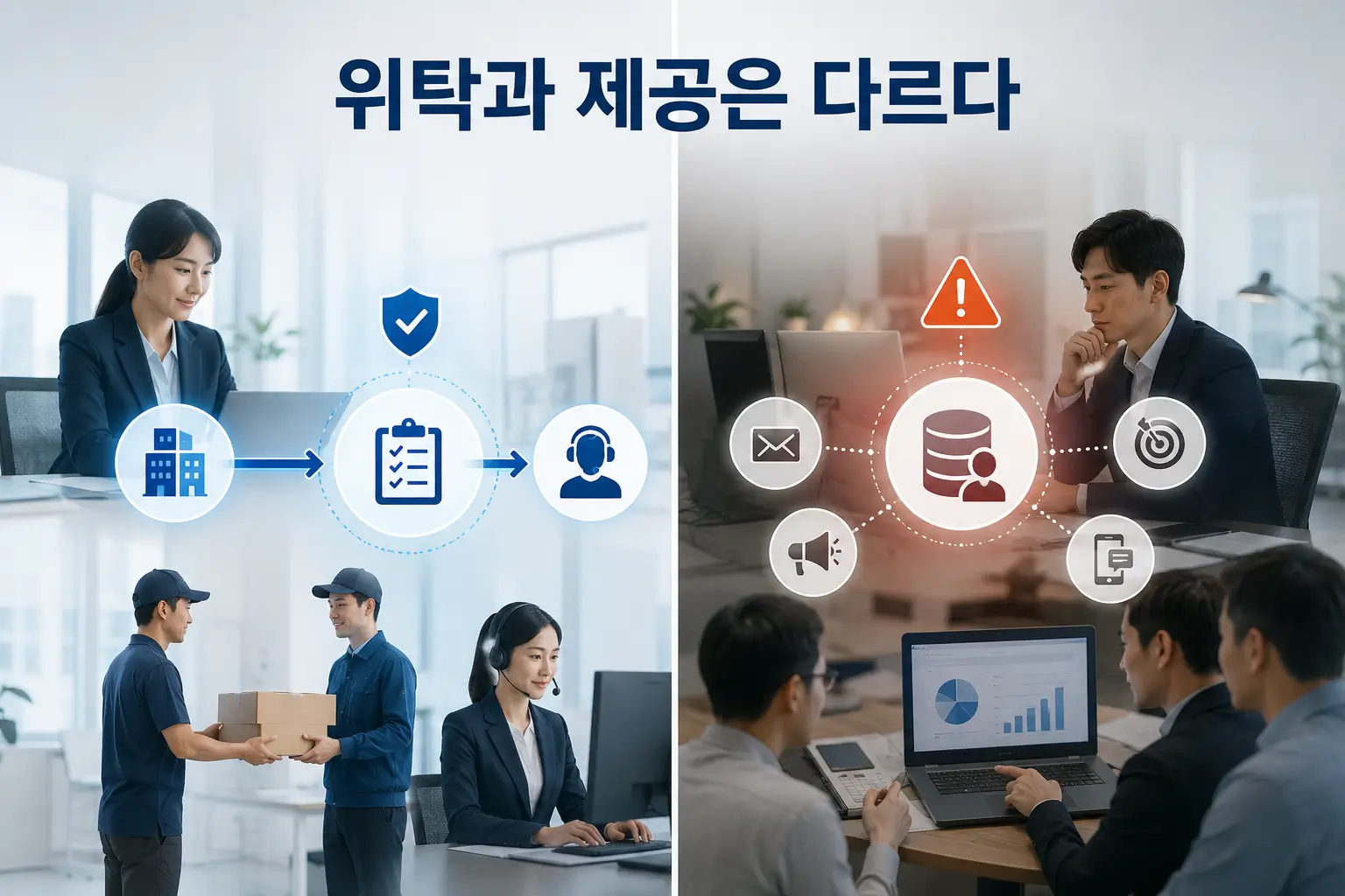 외부 업체가 회사의 지시에 따라 개인정보를 처리하는 위탁과 자체 목적에 사용하는 제3자 제공의 차이를 대비한 장면.