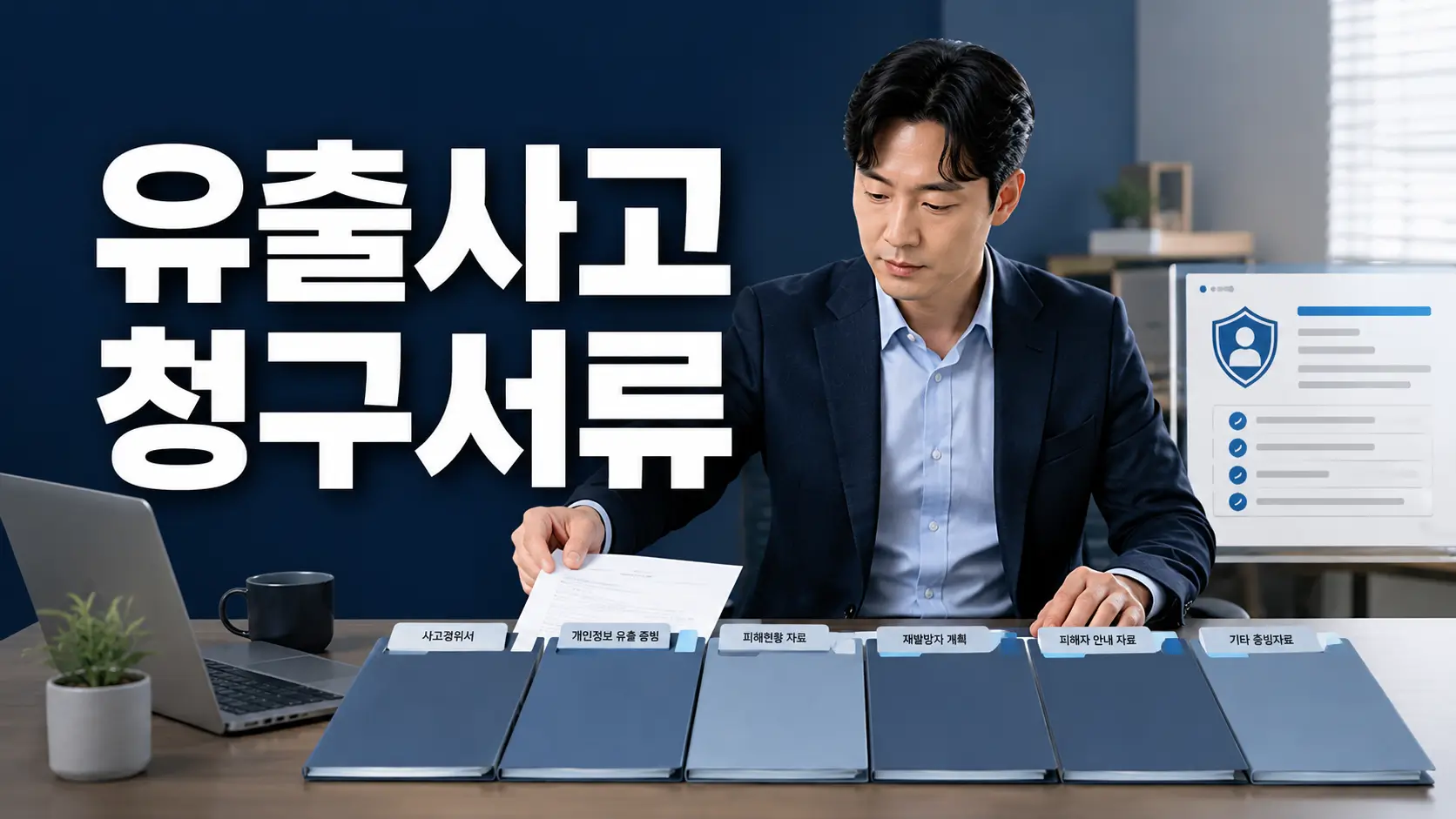 개인정보 유출 사고 후 보험금 청구를 위해 사고자료와 비용증빙 서류를 정리하는 기업 담당자