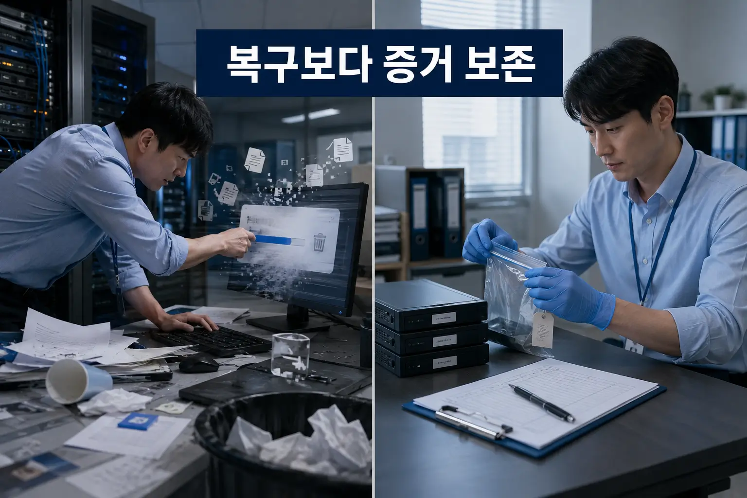 개인정보 유출 사고 후 보험금 청구 서류무엇부터 묶어야 할까 3 개인정보 유출 사고에서 시스템 복구를 서두르기보다 로그와 원본 증거를 먼저 보존해야 하는 이유를 대비해 보여주는 장면
